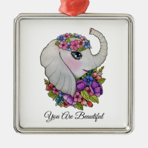 Ornement Carré Argenté Aquarelle Eléphant Avec Fleurs Sauvages