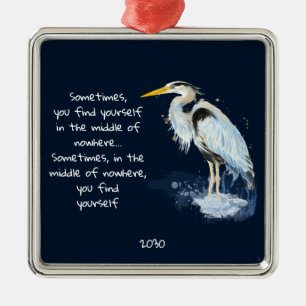 Ornement Carré Argenté Aquarelle Great Blue Heron Citation Inspirante