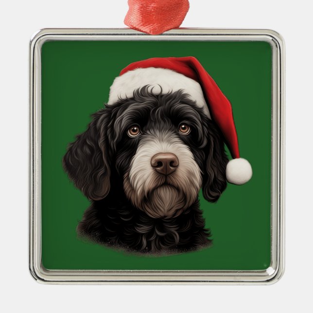 Ornement Carré Argenté Aquarelle Noël Portugais Water Dog (Devant)