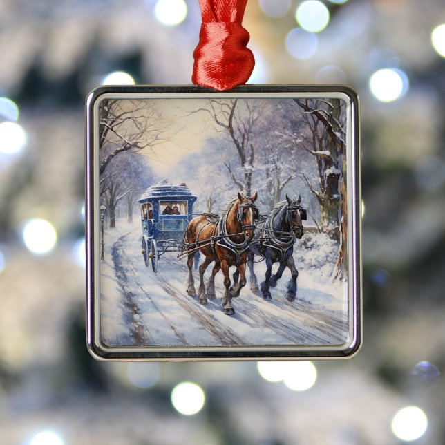 Ornement Carré Argenté Aquarelle Victorian Christmas Carrier Ride (Créateur téléchargé)