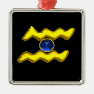 Ornement Carré Argenté AQUARIUS ZODIAC ANNIVERSAIRE JEWEL Blue Sapphire G