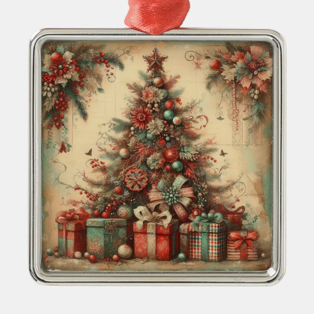 Ornement Carré Argenté Arbre de Noël classique (Devant)