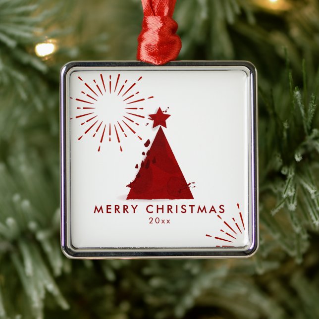 Ornement Carré Argenté Arbre de Noël en aquarelle rouge Modèle (Arbre)
