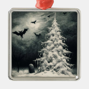 Ornement Carré Argenté Arbre de Noël gothique avec chauves-souris Éffraya