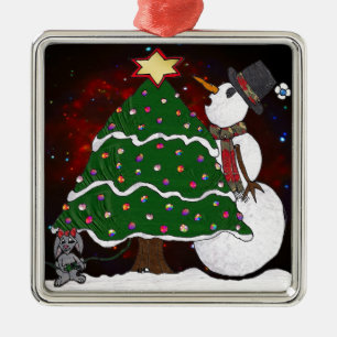 Ornement Carré Argenté Arbre de Noël Snowman Surprise Art Imprimer