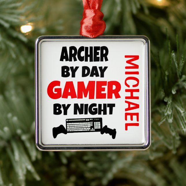 Ornement Carré Argenté Archer aime jouer aux jeux vidéo (Arbre)