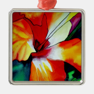 Ornement Carré Argenté Art aquarelle de fleur tropicale d'hibiscus orange