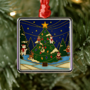 Ornement Carré Argenté Art cloisonné Forêt fantaisiste Noël Classique