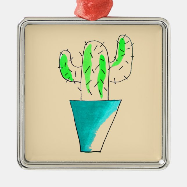 Ornement Carré Argenté art mignon de saguaro de cactus mexicain (Devant)