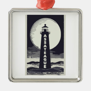 Ornement Carré Argenté Assateague Lighthouse Virginia Moon