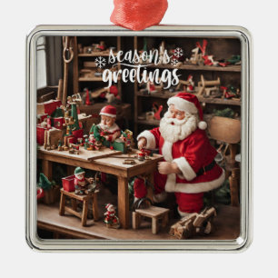 Ornement Carré Argenté Atelier de jouets de Noël père Noël