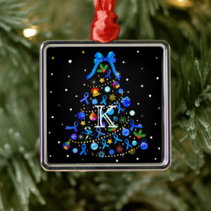 Ornement Carré Argenté Autisme Arbre de Noël bleu