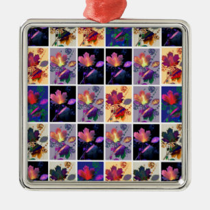 Ornement Carré Argenté Autumn Leaves Rustic Patchwork Quilt Collage
