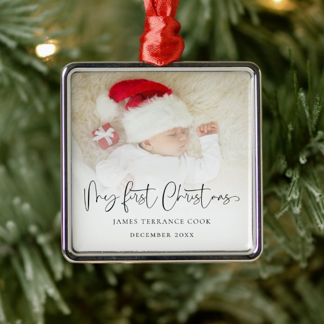 Ornement Carré Argenté Baby First Christmas Script Name Photo Overlay (Arbre)