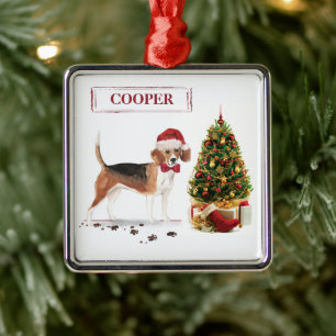 Ornement Carré Argenté Beagle drôle Chien de Noël avec arbre