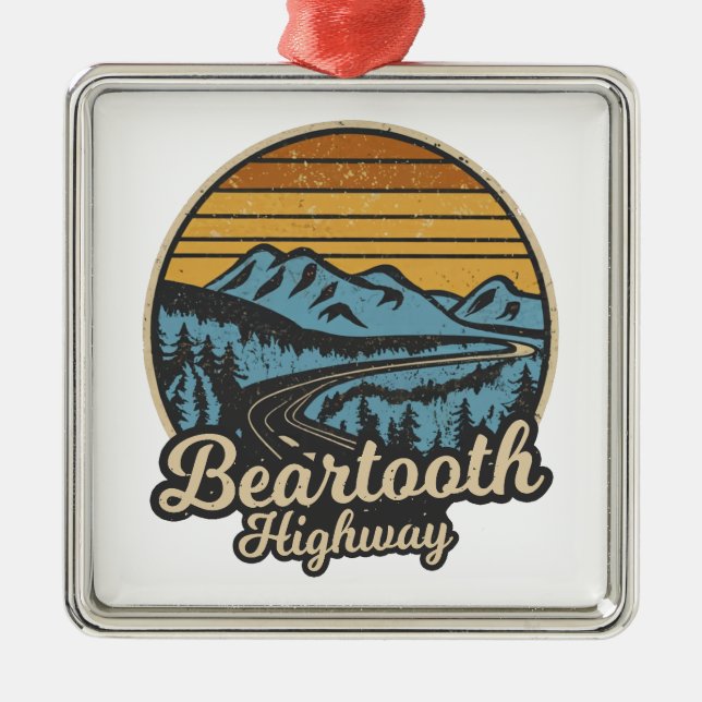 Ornement Carré Argenté Beartooth Highway Montana Wyoming Retro (Devant)