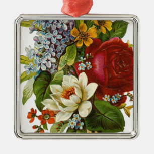 Ornement Carré Argenté Beau Bouquet Romantique d'Été avec Rose Rouge