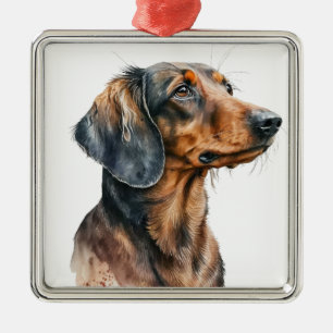 ORNEMENT CARRÉ ARGENTÉ BEAU CHIEN DE DACHSHUND COURT CHEVEUX