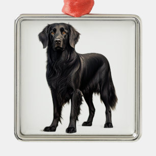 ORNEMENT CARRÉ ARGENTÉ BEAU CHIEN DE RÉCUPÉRATION NOIR PLAT