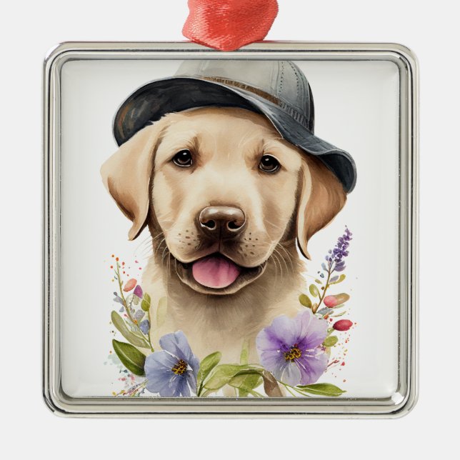 ORNEMENT CARRÉ ARGENTÉ BEAU LABRADOR JAUNE RÉCUPÉRER CHIEN (Devant)