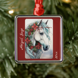 Ornement Carré Argenté Beau Noël de Cheval Blanc Personnalisé