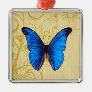 Ornement Carré Argenté Beau papillon bleu art Vintage
