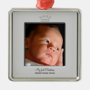 Ornement Carré Argenté Bébé garçon prince couronne Premier Noël Photo