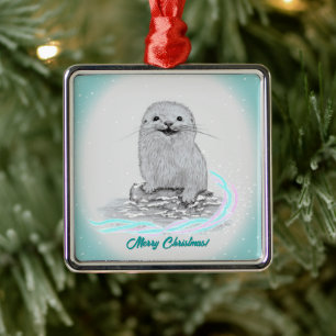 Ornement Carré Argenté Bébé loutre de mer blanche mignonne, Joyeux Noël