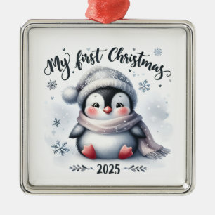 ORNEMENT CARRÉ ARGENTÉ BÉBÉ MANCHOT MIGNON POUR MON PREMIER NOËL