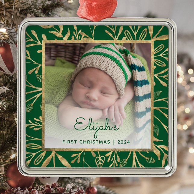 Ornement Carré Argenté Bébés 1er Noël Photo Green Gold Foliage (Créateur téléchargé)