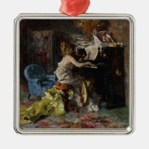Ornement Carré Argenté Belle Femme jouant du piano (de Boldini)