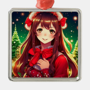 Ornement Carré Argenté Belle Fille d'Anime en Rouge Noël