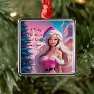 Ornement Carré Argenté Belle fille de Noël rose 01