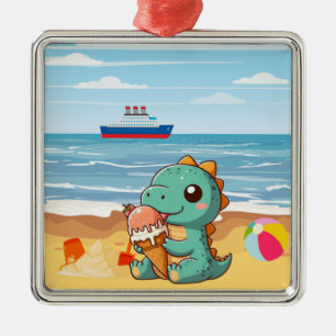 Ornement Carré Argenté Belle glace manger dino à la plage