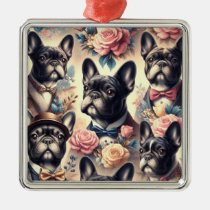 Ornement Carré Argenté Belle peinture Vintage de Bulldog