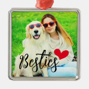 Ornement Carré Argenté Besties Mignonne Chien Maman Coeur Rouge Photo