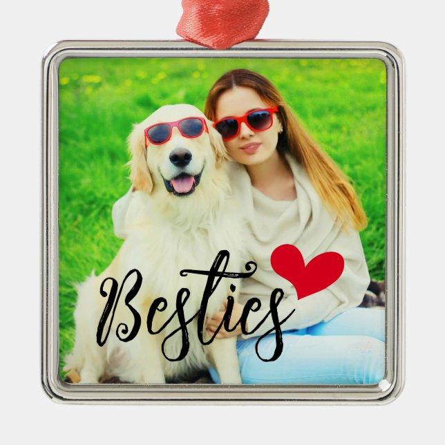 Ornement Carré Argenté Besties Mignonne Chien Maman Coeur Rouge Photo (Devant)