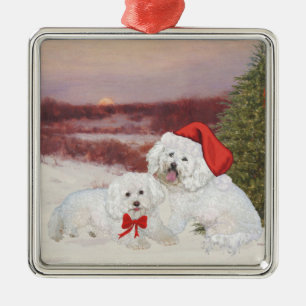 Ornement Carré Argenté Bichon Frise Noël