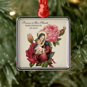 Ornement Carré Argenté Bienheureuse Vierge Marie avec Bébé Jésus Roses