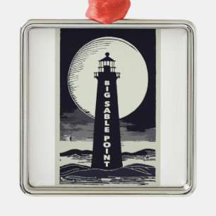 Ornement Carré Argenté Big Sable Point Michigan Lighthouse Moon