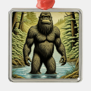 Ornement Carré Argenté Bigfoot debout dans un dessin animé d'eau
