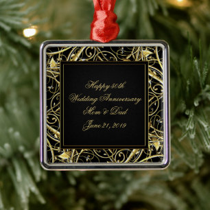 Ornement Carré Argenté Black Gold Flourish 50e anniversaire Mariage