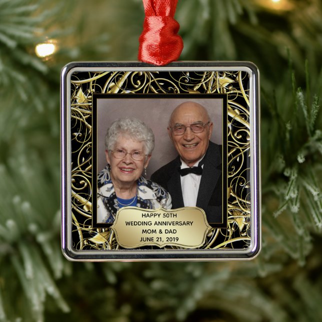 Ornement Carré Argenté Black Gold Flourish 50e anniversaire Mariage Photo (Arbre)