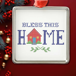 Ornement Carré Argenté Bless This Home Cross Stitch Ornament