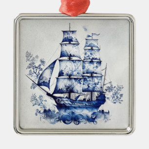Ornement Carré Argenté Bleu et blanc Delft voilier en mer