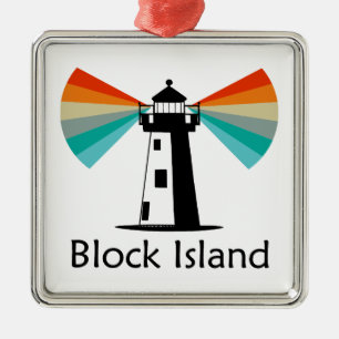 Ornement Carré Argenté Block Island Lighthouse Rainbow