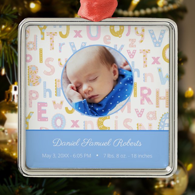 Ornement Carré Argenté Blue ABC Birth Stat Baby Boys Photo Noël (Créateur téléchargé)