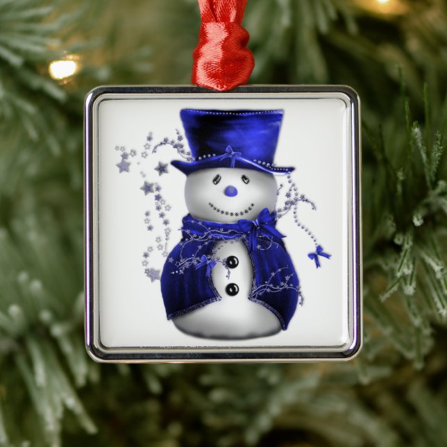Ornement Carré Argenté Blue Christmas Snowman (Arbre)