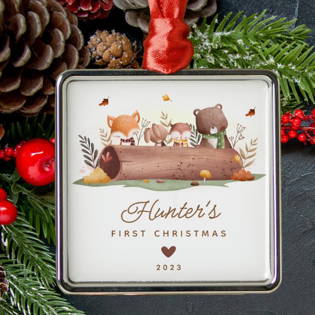Ornement Carré Argenté Bois Animaux Baby's First Christmas (Créateur téléchargé)