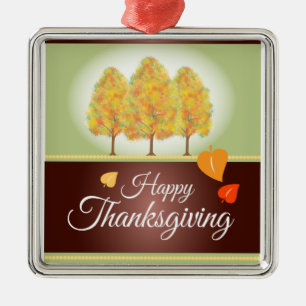 Ornement Carré Argenté Bon thanksgiving avec des arbres d'automne